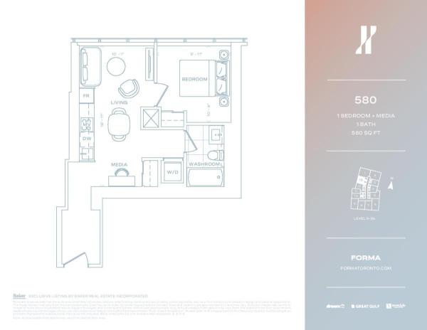 580 sqft 1 Bed + Media - West Lvl 9-36