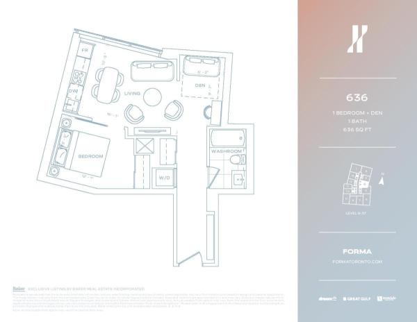 636 sqft 1 Bed + Den- East Lvl 8-37