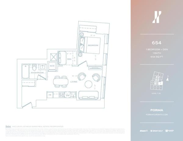 654 sqft 1 Bed + Den- East Lvl 7-35