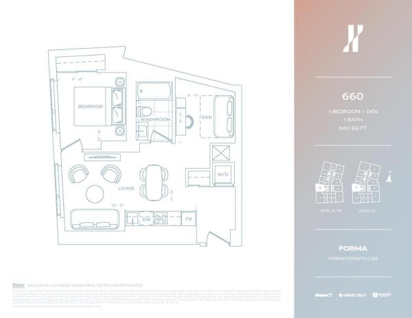 660 sqft 1 Bed + Den- West Lvl 41-60