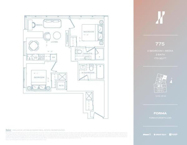 775 sqft 2 Bed + Media - North West Lvl 39-40