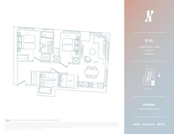 916 sqft 2 Bed + Den - South East Lvl 7-35