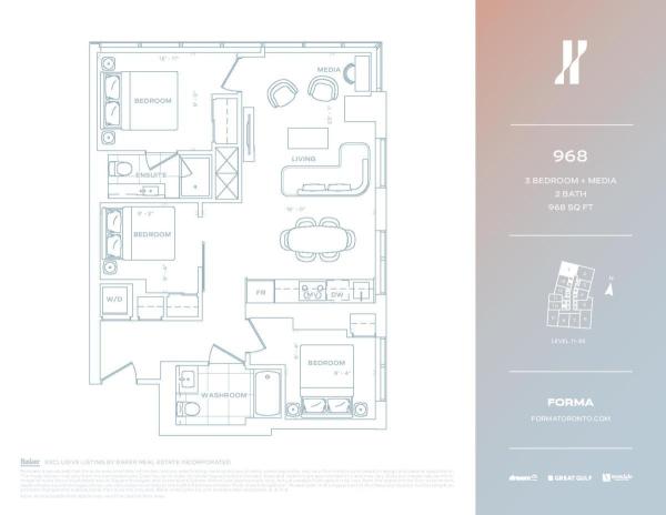 968 sqft 2 Bed + Media- North Lvl 11-35