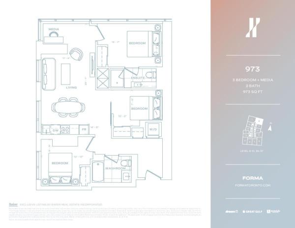 973 sqft 3 Bed + Media - North Lvl 8-10 & 36-37