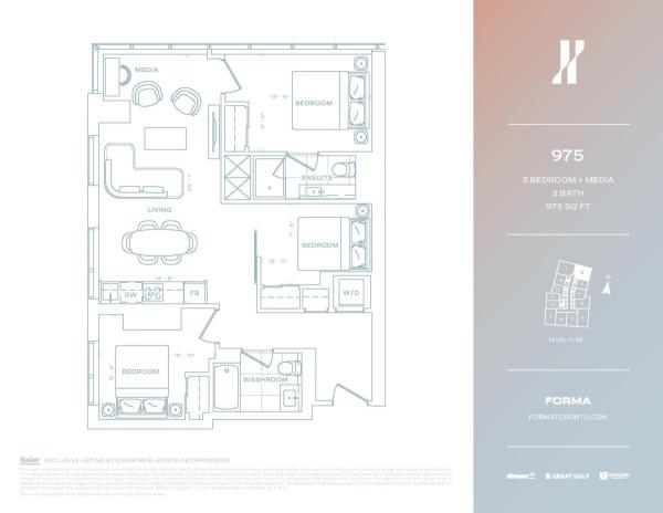 975 sqft 3 Bed + Media - North Lvl 11-35